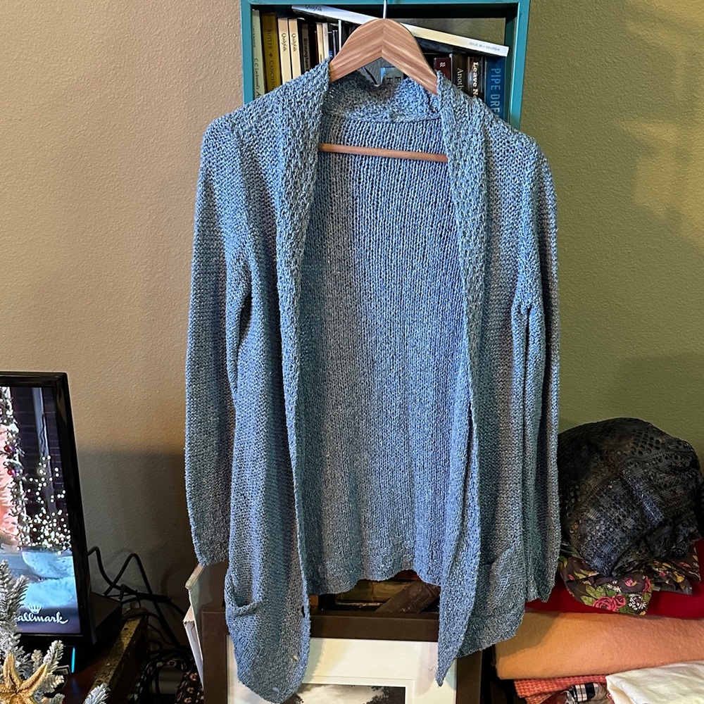Handmade Cotton Silk Women's Blue Open-Front Cardigan